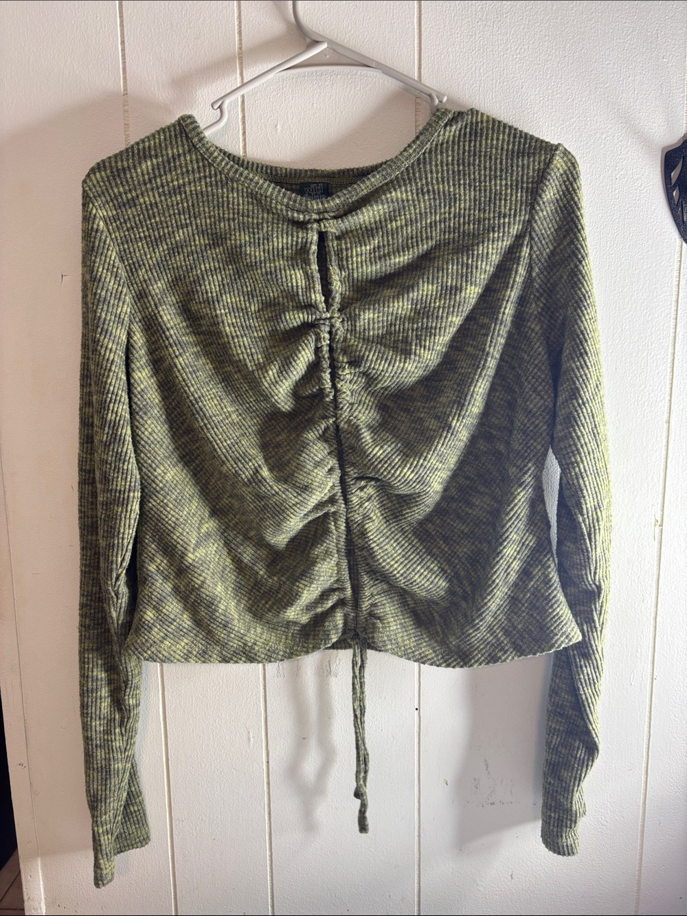 532 - Women’s Olive Green Ribbed Drawstring Long Sleeve Top